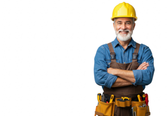 A smiling senior construction worker with a yellow hard hat and tool belt, arms crossed, isolated on a transparent background