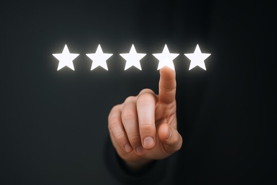 Person evaluating and giving high quality five star rating in digital review process.