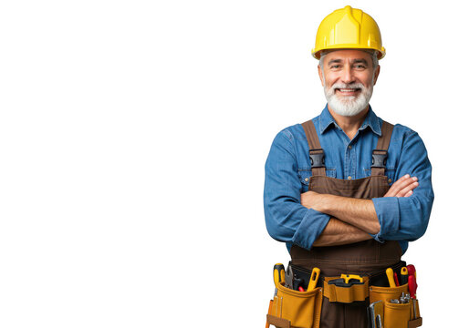 A smiling senior construction worker with a yellow hard hat and tool belt, arms crossed, isolated on a transparent background - Powered by Adobe