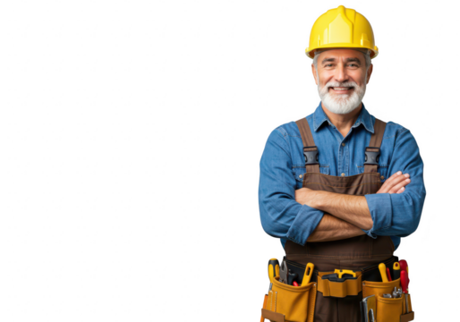 A smiling senior construction worker with a yellow hard hat and tool belt, arms crossed, isolated on a transparent background