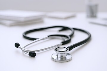 Close-up of a stethoscope on a white medical table with blurred background.