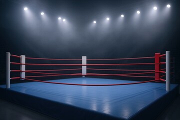 Boxing ring in arena with bright overhead lights and empty space for competition.
