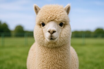 Obraz premium Close-up of a cute baby alpaca with fluffy beige wool on green pasture background.