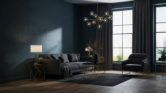 Elegant Living Room: Stylish dark blue living room boasts a modern sofa, cozy armchair, gold accented furniture, and a chic chandelier creating a luxurious interior design scene.