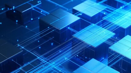 Abstract, futuristic digital rendering with blue illuminated geometric cubes and data streams. A technological network - Powered by Adobe