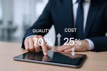 Business professional in formal suit using digital tablet for work or presentation.