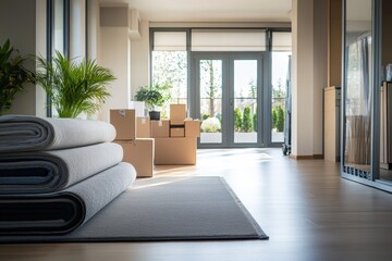 Professional movers unload furniture and boxes into a spacious living area with natural light