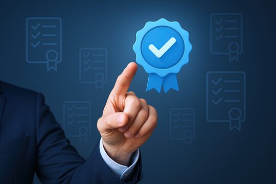 Businessman pointing at a digital certification badge with check mark on blue background.