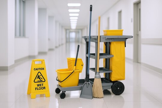 Cleanliness and sanitation cleaning supplies including mop bucket broom and caution wet floor sign in hallway.