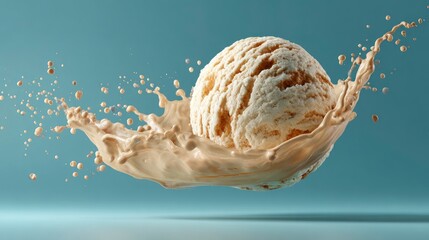 Vanilla ice cream scoop levitates amid a swirling caramel splash on azure background, modern style