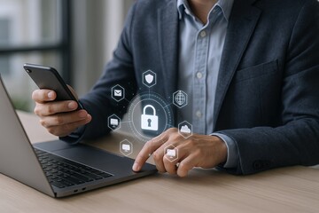 Businessman using smartphone with digital security icons and padlock overlay.