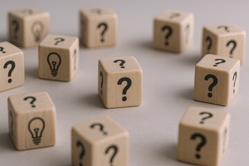 Multiple Wooden Blocks with Question Marks and Light Bulb Symbols on Light Gray Background.