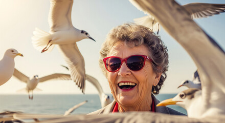 Smiling senior woman wearing sunglasses, surrounded by seagulls near ocean, conveying joy, freedom, and active senior lifestyle