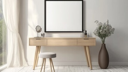Wooden vanity set with a framed poster.