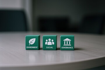 Three green blocks with icons representing environment social and governance on modern desk surface.
