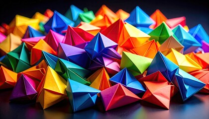 Colorful origami pyramids clustered together
