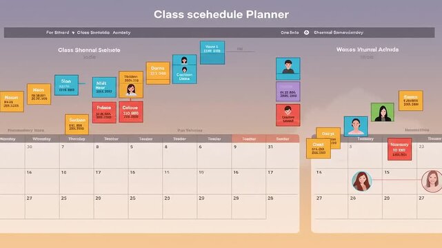 Weekly class schedule planner displaying various subjects and activities with colorful blocks and icons