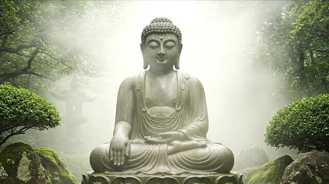 A stone Buddha statue sits in a garden surrounded by lush foliage and a misty atmosphere