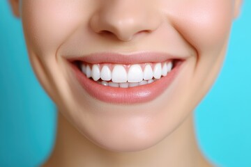Fototapeta premium Woman smiles brightly showing perfect teeth and gums against blue background