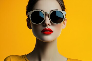 Woman with stylish sunglasses and bold red lipstick poses against vibrant yellow backdrop