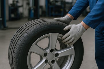 Fototapeta premium Worker in safety gloves inspecting car tire in automotive workshop during vehicle maintenance.