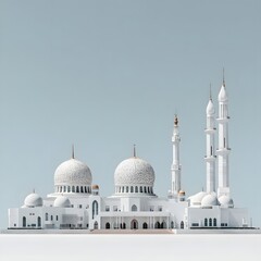Naklejka premium Majestic white mosque with domes and minarets against a clear blue sky, showcasing architectural beauty