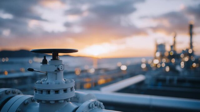 Afternoon light highlights a side angle view of an energy pipeline with a large valve wheel, leading to a natural gas plant.