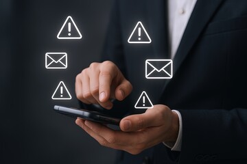Businessman using smartphone with digital alert icons indicating notifications and warnings.