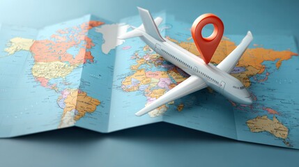 A toy airplane and red pin sit on a world map indicating the location for global travel.