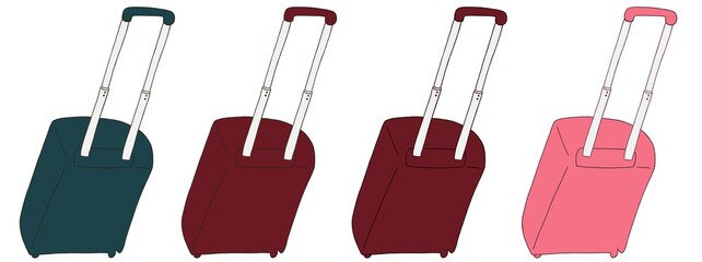 キャリー　旅行　趣味　イラスト　緑　濃い赤　フラミンゴ色　4セット　線画　色違い