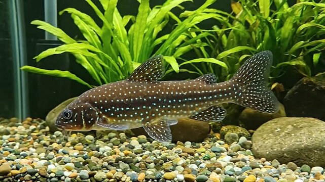 A Synodontis catfish swims amid tank gravel with green plants and rocks in the background Its brown with white spots and whiskerlike barbels