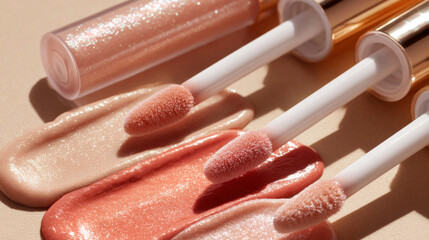 Glossy lip gloss applicators with shimmering nude, peach, and pink shades create soft, elegant beauty look with sparkling