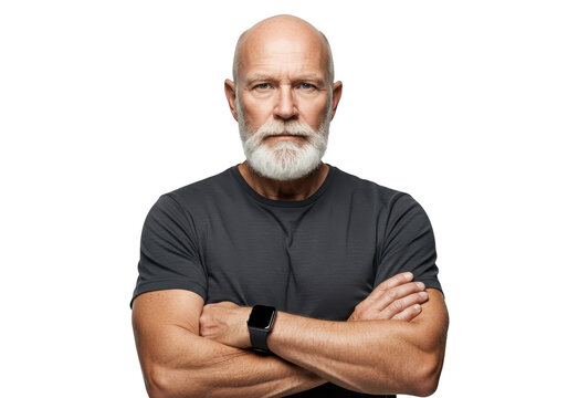 A confident senior man with a white beard and crossed arms looks to the side, isolated on white isolated on transparent background - Powered by Adobe