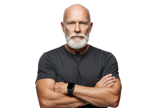 A confident senior man with a white beard and crossed arms looks to the side, isolated on white isolated on transparent background - Powered by Adobe