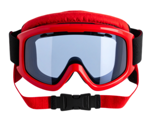 Top-Down View of Red Ski Goggles with Soft Foam Padding and Adjustable Strap, isolated on transparent background PNG