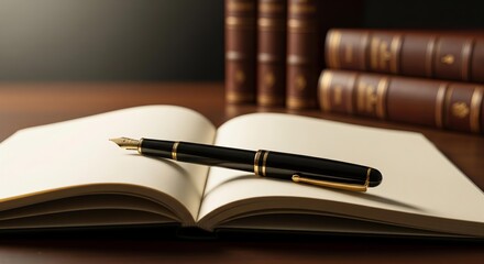 A single, elegant fountain pen resting on an open, blank notebook on a dark, academic-style desk with blurred books in the background.