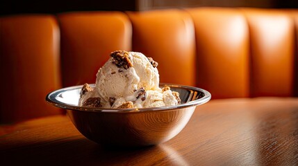 Close-up of a delicious ice cream sundae with sweet toppings in a stylish silver bowl, indoors.