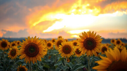 Golden sunflowers bloom in a field under a breathtaking sunset sky, radiating warmth and beauty in a serene summer landscape