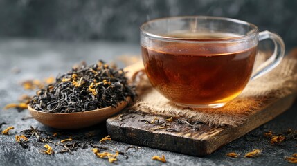 A steaming cup of tea next to a wooden spoon filled with loose leaf tea blend for relaxation.