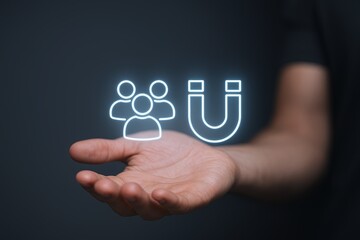 Modern digital technology illustration featuring group people icon and magnet symbol for connection.