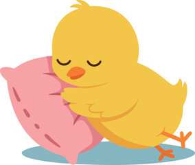 Yellow chick sleeping peacefully hugging pink pillow vector illustration