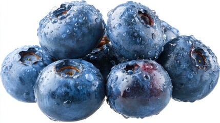 A cluster of fresh blueberries with water droplets, showing their vibrant color and texture details.