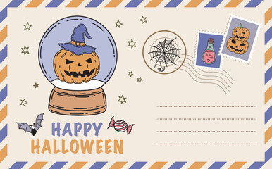 Halloween card with pumpkin, bat, hat, hand drawn illustrations	
