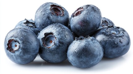 A close-up shot showcases a cluster of vibrant blueberries, glistening with fresh water droplets.
