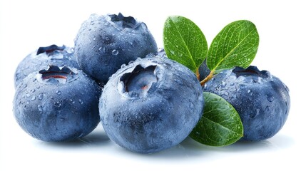 A close-up view captures the freshness of a blueberry cluster, adorned with dewdrops and leaves.