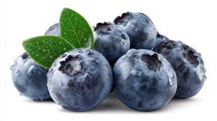 A vibrant group of blueberries glistening with water droplets, nestled with green leaves on white.