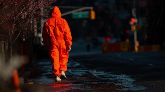 Convict In Orange Jumpsuit Walks Down Street