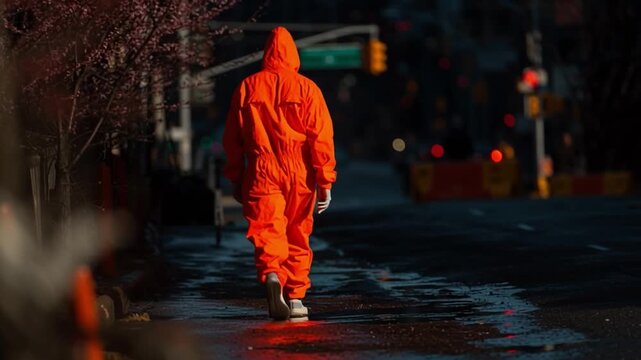 Convict In Orange Jumpsuit Walks Down Street