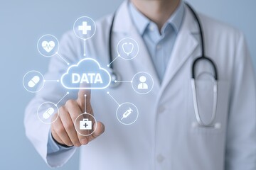 Modern healthcare professional using digital data interface with medical icons and cloud technology.