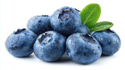 A cluster of fresh blueberries with water droplets and vibrant green leaves on a white background.